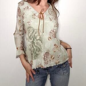 St Johns Bay sage green coquette fairy floral bellsleeve top